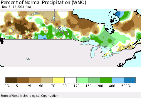 Canada Percent of Normal Precipitation (WMO) Thematic Map For 11/6/2023 - 11/12/2023