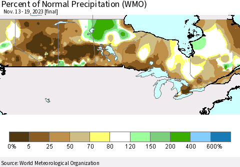 Canada Percent of Normal Precipitation (WMO) Thematic Map For 11/13/2023 - 11/19/2023