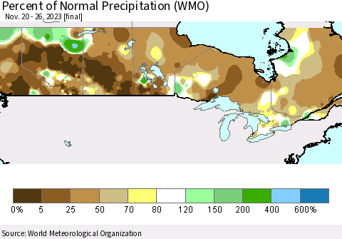 Canada Percent of Normal Precipitation (WMO) Thematic Map For 11/20/2023 - 11/26/2023