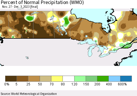 Canada Percent of Normal Precipitation (WMO) Thematic Map For 11/27/2023 - 12/3/2023