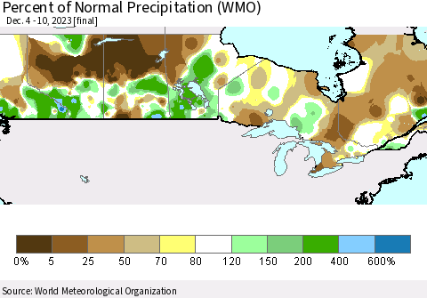 Canada Percent of Normal Precipitation (WMO) Thematic Map For 12/4/2023 - 12/10/2023
