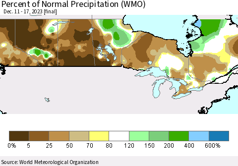 Canada Percent of Normal Precipitation (WMO) Thematic Map For 12/11/2023 - 12/17/2023