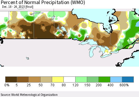 Canada Percent of Normal Precipitation (WMO) Thematic Map For 12/18/2023 - 12/24/2023