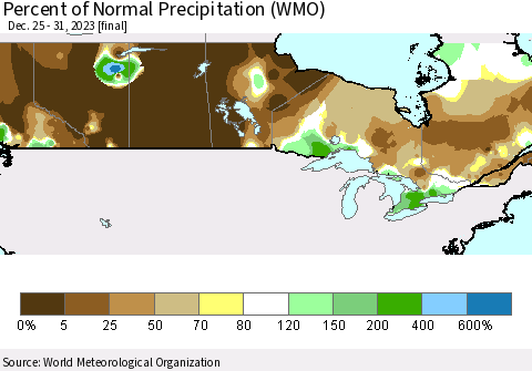 Canada Percent of Normal Precipitation (WMO) Thematic Map For 12/25/2023 - 12/31/2023