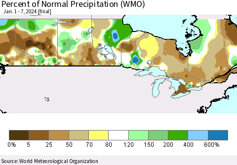 Canada Percent of Normal Precipitation (WMO) Thematic Map For 1/1/2024 - 1/7/2024