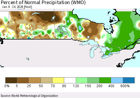 Canada Percent of Normal Precipitation (WMO) Thematic Map For 1/8/2024 - 1/14/2024