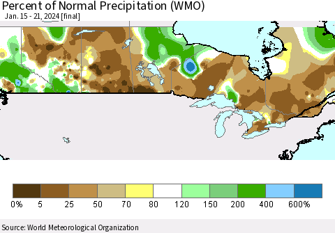 Canada Percent of Normal Precipitation (WMO) Thematic Map For 1/15/2024 - 1/21/2024