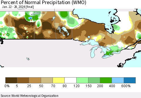 Canada Percent of Normal Precipitation (WMO) Thematic Map For 1/22/2024 - 1/28/2024