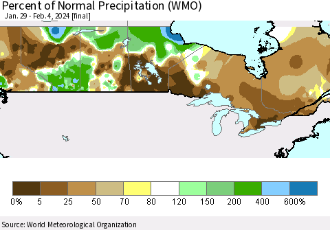 Canada Percent of Normal Precipitation (WMO) Thematic Map For 1/29/2024 - 2/4/2024