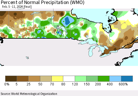 Canada Percent of Normal Precipitation (WMO) Thematic Map For 2/5/2024 - 2/11/2024