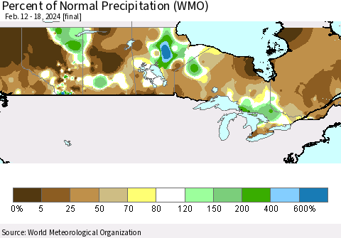 Canada Percent of Normal Precipitation (WMO) Thematic Map For 2/12/2024 - 2/18/2024