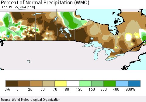 Canada Percent of Normal Precipitation (WMO) Thematic Map For 2/19/2024 - 2/25/2024