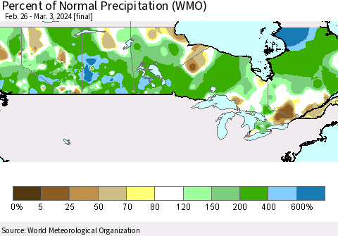 Canada Percent of Normal Precipitation (WMO) Thematic Map For 2/26/2024 - 3/3/2024