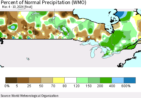Canada Percent of Normal Precipitation (WMO) Thematic Map For 3/4/2024 - 3/10/2024