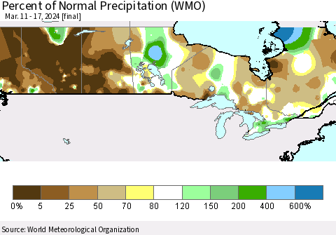 Canada Percent of Normal Precipitation (WMO) Thematic Map For 3/11/2024 - 3/17/2024