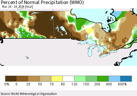 Canada Percent of Normal Precipitation (WMO) Thematic Map For 3/18/2024 - 3/24/2024