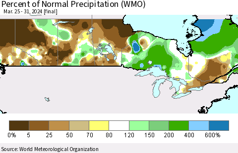 Canada Percent of Normal Precipitation (WMO) Thematic Map For 3/25/2024 - 3/31/2024