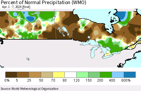Canada Percent of Normal Precipitation (WMO) Thematic Map For 4/1/2024 - 4/7/2024