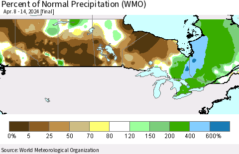Canada Percent of Normal Precipitation (WMO) Thematic Map For 4/8/2024 - 4/14/2024