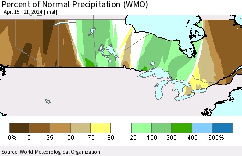 Canada Percent of Normal Precipitation (WMO) Thematic Map For 4/15/2024 - 4/21/2024