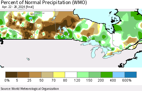 Canada Percent of Normal Precipitation (WMO) Thematic Map For 4/22/2024 - 4/28/2024