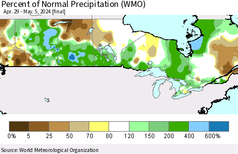 Canada Percent of Normal Precipitation (WMO) Thematic Map For 4/29/2024 - 5/5/2024