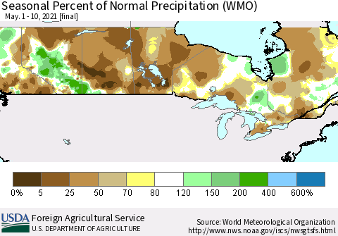 Canada Seasonal Percent of Normal Precipitation (WMO) Thematic Map For 5/1/2021 - 5/10/2021