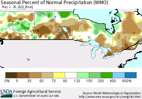 Canada Seasonal Percent of Normal Precipitation (WMO) Thematic Map For 5/1/2021 - 5/20/2021