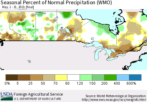 Canada Seasonal Percent of Normal Precipitation (WMO) Thematic Map For 5/1/2021 - 5/31/2021