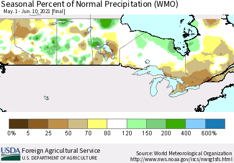 Canada Seasonal Percent of Normal Precipitation (WMO) Thematic Map For 5/1/2021 - 6/10/2021