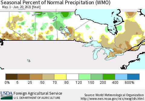 Canada Seasonal Percent of Normal Precipitation (WMO) Thematic Map For 5/1/2021 - 6/20/2021