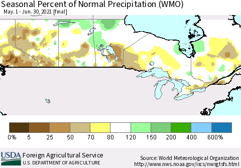 Canada Seasonal Percent of Normal Precipitation (WMO) Thematic Map For 5/1/2021 - 6/30/2021