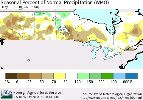Canada Seasonal Percent of Normal Precipitation (WMO) Thematic Map For 5/1/2021 - 7/10/2021
