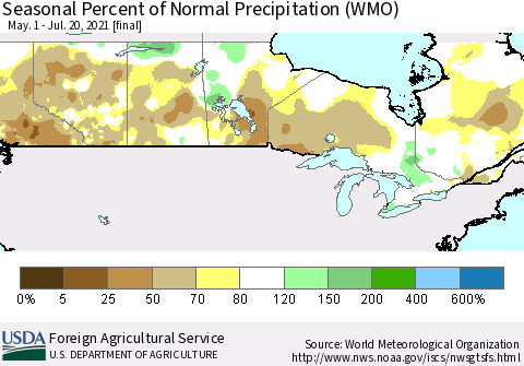 Canada Seasonal Percent of Normal Precipitation (WMO) Thematic Map For 5/1/2021 - 7/20/2021