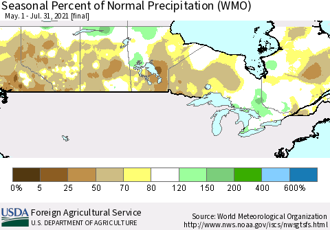 Canada Seasonal Percent of Normal Precipitation (WMO) Thematic Map For 5/1/2021 - 7/31/2021