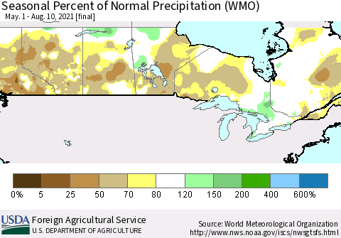 Canada Seasonal Percent of Normal Precipitation (WMO) Thematic Map For 5/1/2021 - 8/10/2021