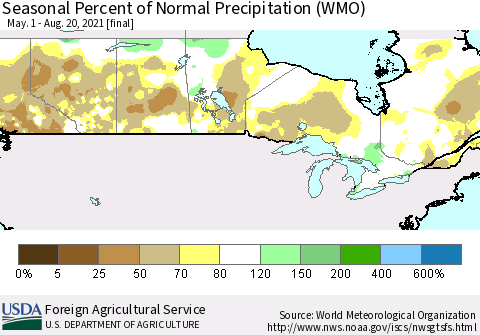 Canada Seasonal Percent of Normal Precipitation (WMO) Thematic Map For 5/1/2021 - 8/20/2021