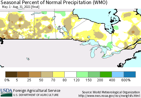 Canada Seasonal Percent of Normal Precipitation (WMO) Thematic Map For 5/1/2021 - 8/31/2021