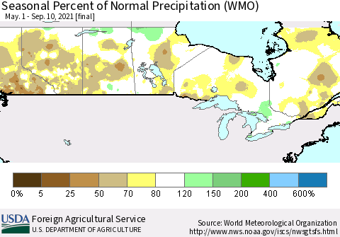Canada Seasonal Percent of Normal Precipitation (WMO) Thematic Map For 5/1/2021 - 9/10/2021