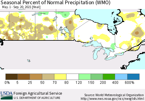Canada Seasonal Percent of Normal Precipitation (WMO) Thematic Map For 5/1/2021 - 9/20/2021