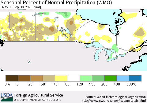 Canada Seasonal Percent of Normal Precipitation (WMO) Thematic Map For 5/1/2021 - 9/30/2021