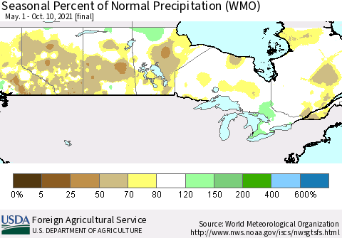Canada Seasonal Percent of Normal Precipitation (WMO) Thematic Map For 5/1/2021 - 10/10/2021
