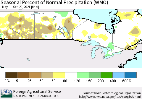 Canada Seasonal Percent of Normal Precipitation (WMO) Thematic Map For 5/1/2021 - 10/20/2021