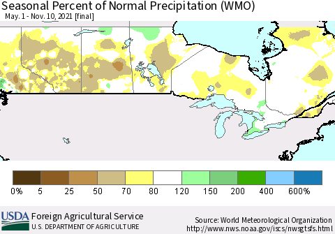 Canada Seasonal Percent of Normal Precipitation (WMO) Thematic Map For 5/1/2021 - 11/10/2021