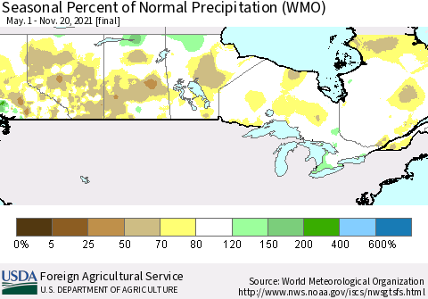 Canada Seasonal Percent of Normal Precipitation (WMO) Thematic Map For 5/1/2021 - 11/20/2021