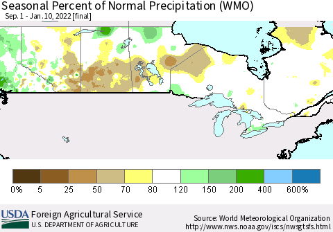 Canada Seasonal Percent of Normal Precipitation (WMO) Thematic Map For 9/1/2021 - 1/10/2022
