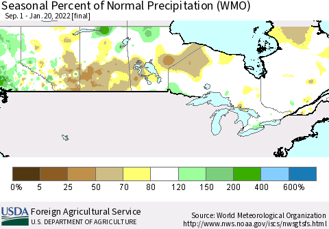 Canada Seasonal Percent of Normal Precipitation (WMO) Thematic Map For 9/1/2021 - 1/20/2022
