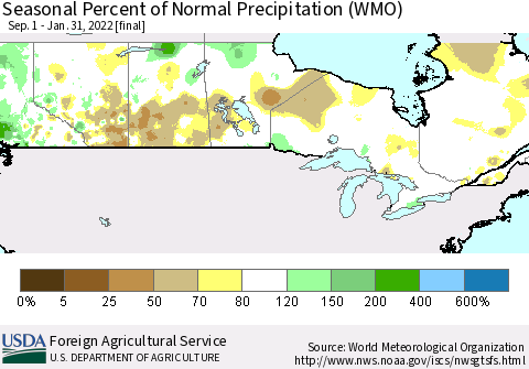 Canada Seasonal Percent of Normal Precipitation (WMO) Thematic Map For 9/1/2021 - 1/31/2022