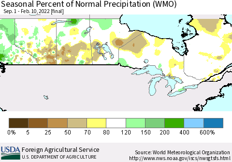 Canada Seasonal Percent of Normal Precipitation (WMO) Thematic Map For 9/1/2021 - 2/10/2022