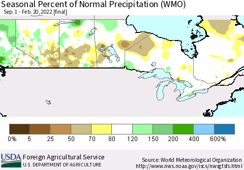 Canada Seasonal Percent of Normal Precipitation (WMO) Thematic Map For 9/1/2021 - 2/20/2022